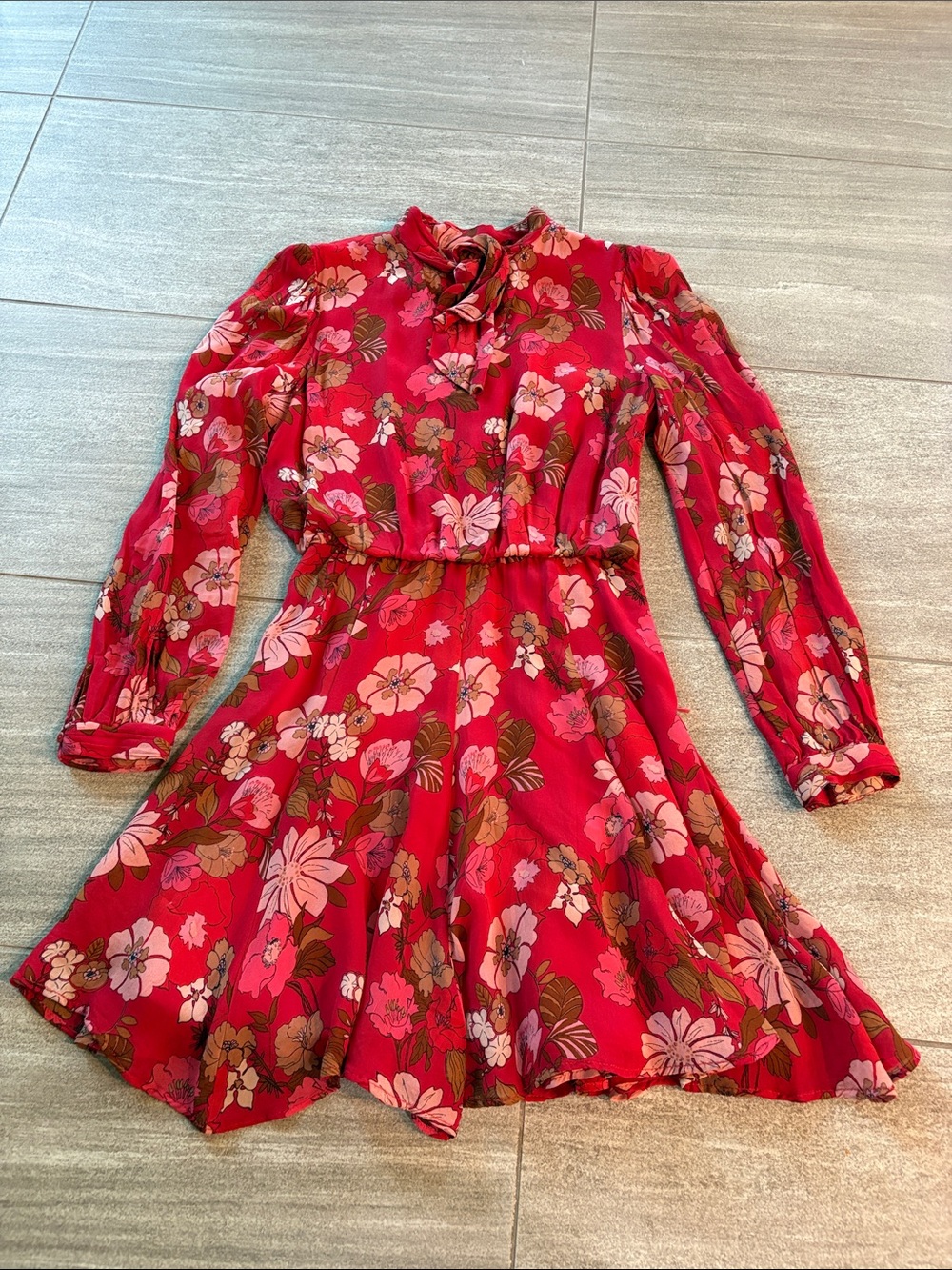 Zara Red Floral Long-Sleeve Tie-Neck Dress